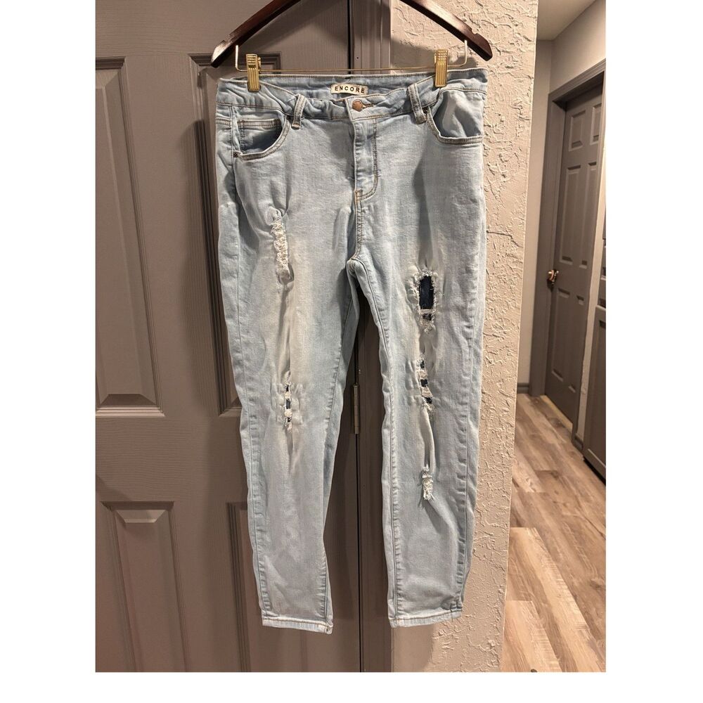 Encore Distressed Skinny Jeans Light Blue Stretch Women's Juniors Denim